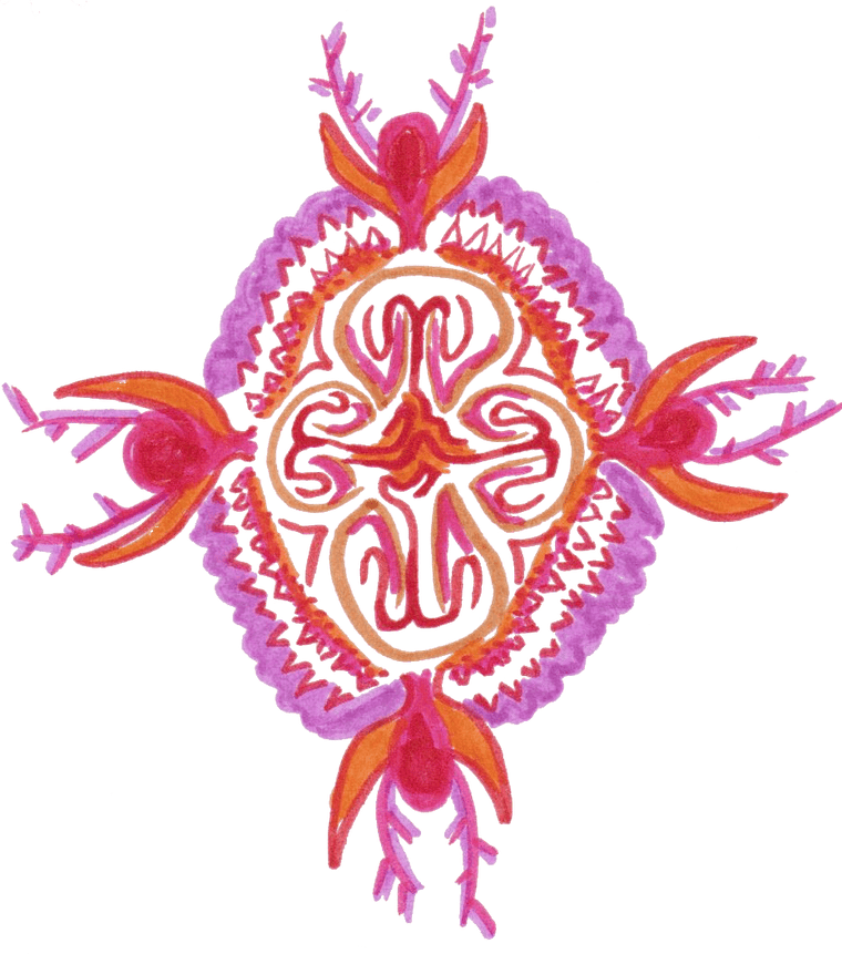 Dessin au feutre de Charlotte : une forme en amande entourée de quatre bourgeons, tracée en rouge, rose, orange et violet.